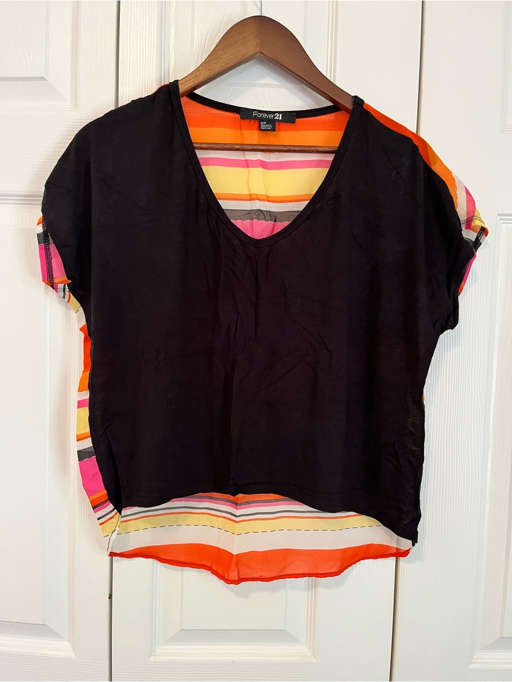 Forever 21 Black Front Short Sleeve Top with Pink, Orange & Yellow Striped Back